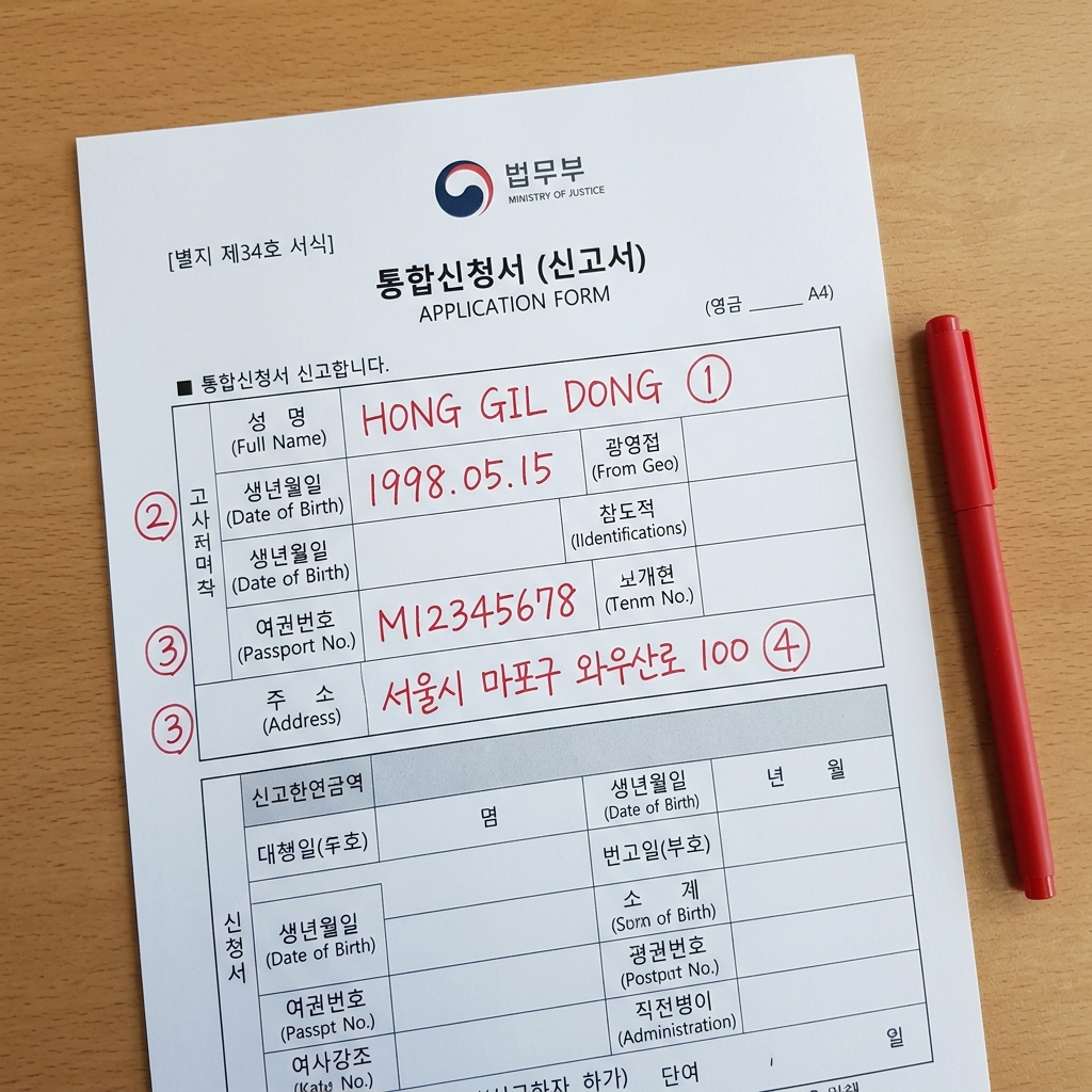 출입국 관공서 비치용 외국인 통합신청서 서식 제34호 실물 작성 예시